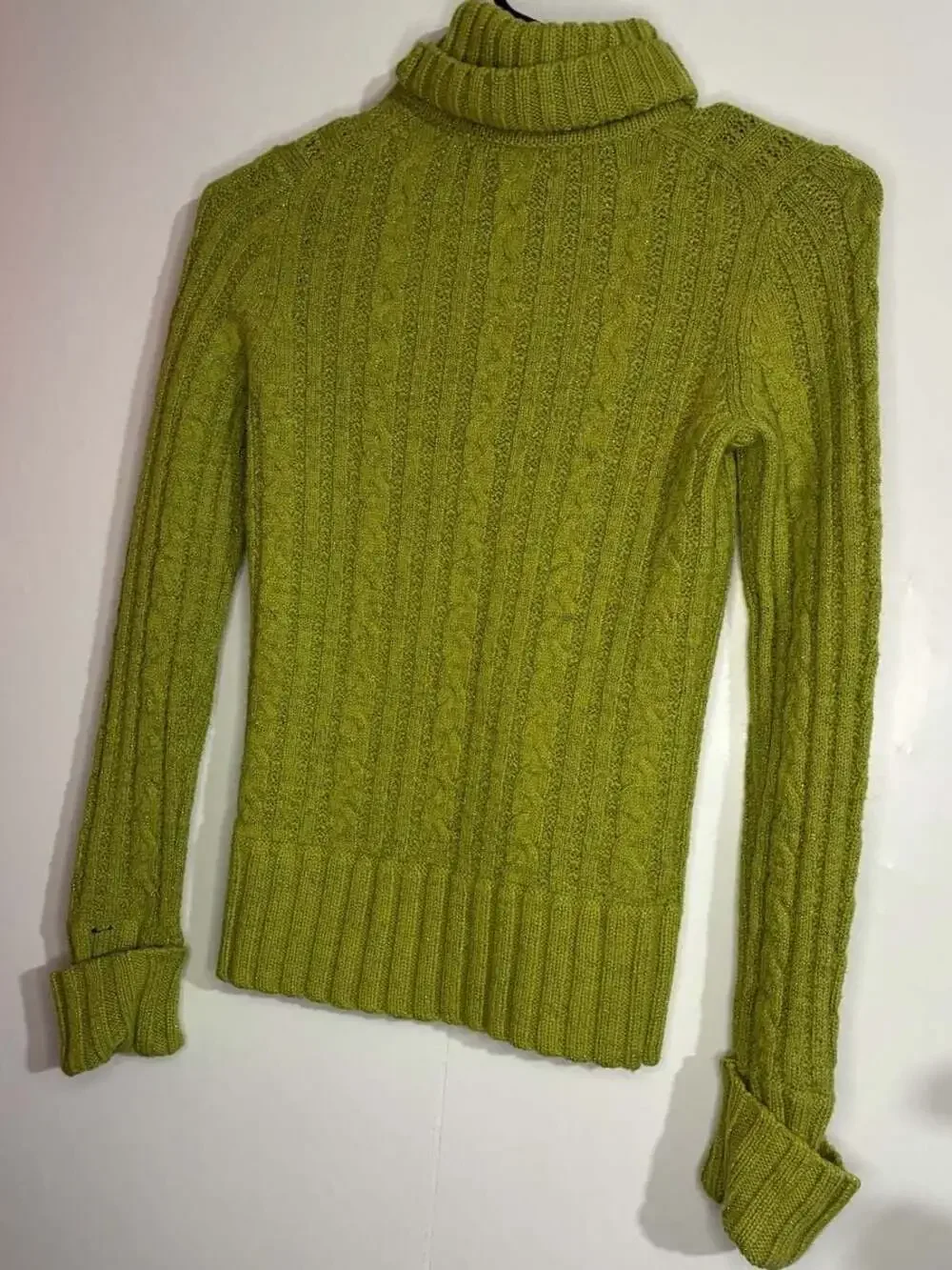 Express Women's Lime Green Shimmery Cable Knit Turtleneck Sweater Size S
